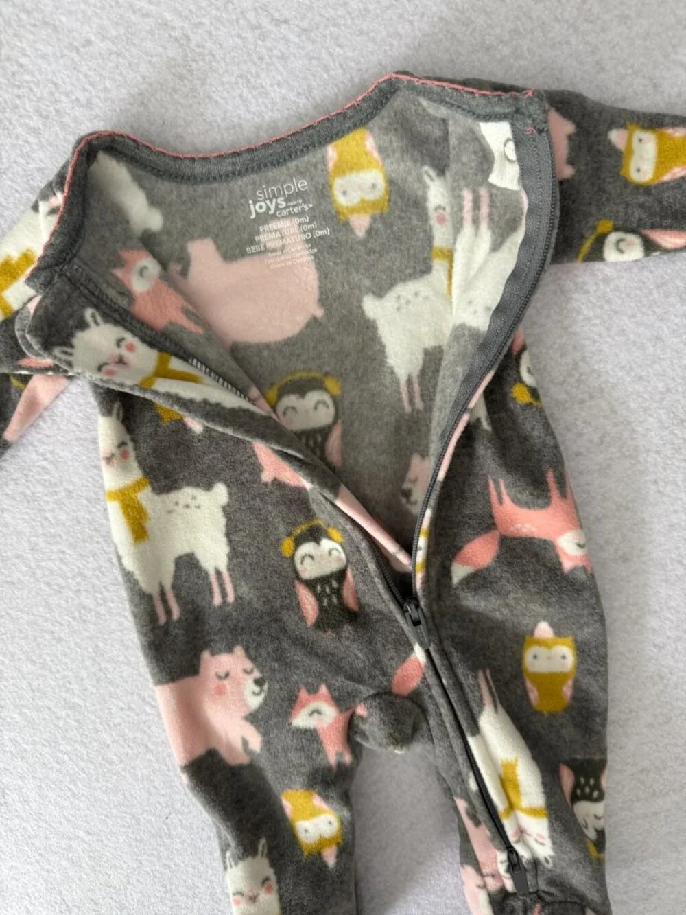 Carter's Simple Joys Baby Fleece Footed Sleeper Animals Gray Pink | Preemie